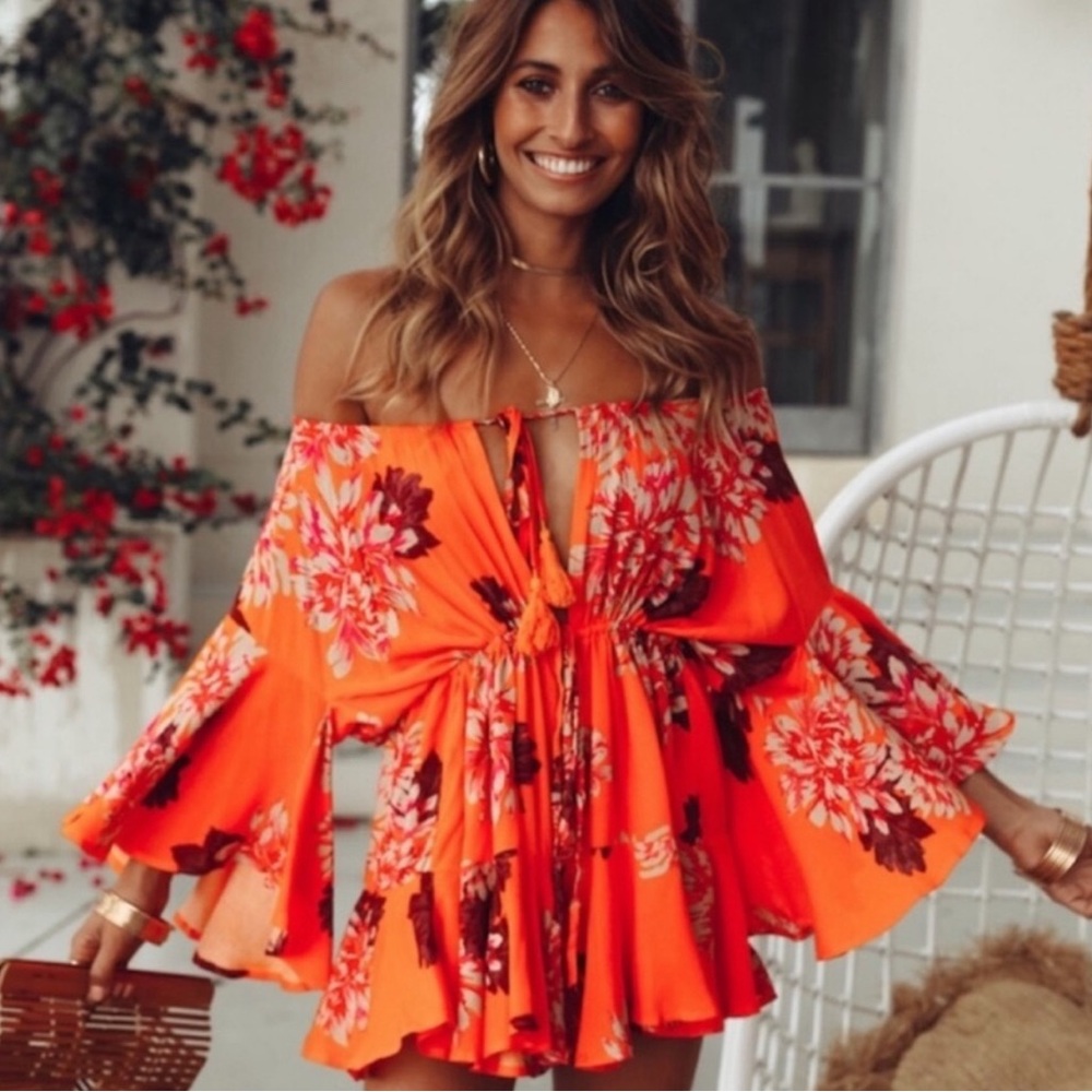 Hello Molly Moral of the Story Orange Floral Off-Shoulder Romper US M